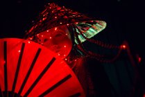 Mujer irreconocible con una máscara en traje tradicional creativo y ropa vietnamita con iluminación roja de pie en un estudio oscuro sobre fondo negro durante la actuación - foto de stock