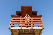 Low angle of looking through binoculars on wooden watchtower while overseeing safety at sea against cloudless blue sky — Stock Photo