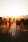 Mujer rubia en vestido blanco mirando hacia otro lado con manada de caballos en el campo bajo el atardecer - foto de stock