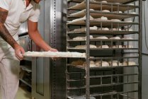 Junge stylische tätowierte männliche Bäcker in lässiger Kleidung legen Laibe rohen Teigs auf Metallgestell, während Brot in der Küche backen — Stockfoto