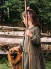 Бічний вид на милу маленьку дівчинку, яка пестить слухняного Баскського пса поблизу огорожі з стадом овець на фермі. — стокове фото