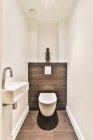 Diseño creativo de baño con inodoro debajo de la estatuilla contra lavabo con grifo en casa de luz - foto de stock