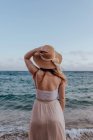 Обратный вид на неузнаваемую женщину в летнем платье и шляпе, стоящую на пляже рядом с волнистым морем, любуясь живописным видом — стоковое фото