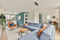 Comodo divano e poltrona situati vicino alla TV contro finestre e porte nel soggiorno della tenuta moderna — Foto stock