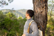 Вид збоку мирного молодого етнічного чоловіка в повсякденному одязі та рюкзаку, що спирається на стовбур дерева та насолоджується свіжим повітрям зеленого лісу в гірській долині — стокове фото
