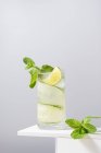 Verre de gin rafraîchissant et tonique au concombre et citron vert décoré de feuilles de menthe placées sur une table blanche sur fond gris — Photo de stock