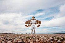 Male in silver outfit and monkey mask standing with jetpack on rocky ground in summertime — Stock Photo