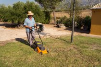 From above full body of unrecognizable male gardener in hat mowing grassy lawn near bushes and trees in summer — Stock Photo