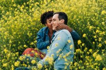 Loving young multiracial couple in casual clothes kissing while sitting in lush blooming meadow during romantic date on sunny day — Stock Photo