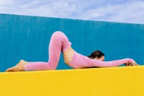Vista lateral de una joven hembra de cuerpo completo practicando Uttana Shishosana yoga posando sobre una pared amarilla sobre fondo azul - foto de stock