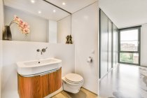 Lavandino a parete con specchio vicino toilette bianca in bagno elegante luce e fiori rosa decorati in appartamento — Foto stock