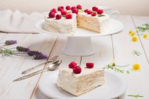 Tasty healthy keto crepe cake with erythritol sweetener decorated with ripe raspberries served on wooden table with decorative twigs in kitchen — Stock Photo