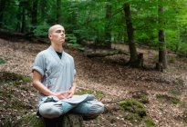 Homem careca em roupas tradicionais sentado na rocha em pose de lótus e meditando durante o treinamento de kung fu na floresta — Fotografia de Stock