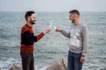 Гомосексуальні чоловіки-партнери з сучасними стрижками насолоджуються шампанським з окулярів, стоячи на узбережжі океану вдень — стокове фото