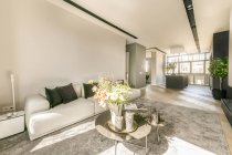 Современный интерьер просторной гостиной с удобным диваном и камином в квартире, оформленной в минимальном стиле — стоковое фото