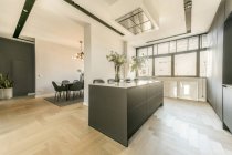Intérieur de la cuisine moderne avec des meubles gris foncé et des plantes vertes en pot dans l'appartement dans un style minimal — Photo de stock
