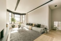 Interior contemporâneo da espaçosa sala de estar com sofá confortável e lareira em apartamento projetado em estilo mínimo — Fotografia de Stock