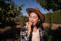 Entzückte ethnische Bäuerin mit Strohhut und kariertem Hemd, die an sonnigen Tagen im Obstgarten steht und frischen, schmackhaften Apfel isst — Stockfoto