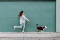 Сторона зору власниці жіночої статі, що біжить з прикордоном Коллі собакою на перерві під час прогулянки в місті. — стокове фото