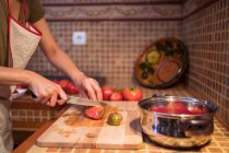 Vista laterale di femmina etnica in grembiule tagliando pomodori maturi sul tagliere mentre si cucina il pranzo in cucina a casa — Foto stock