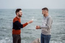 Homosexuelle männliche Partner mit modernen Frisuren genießen Champagner aus Gläsern, während sie tagsüber an der Küste stehen — Stockfoto