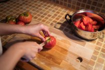 Боковой вид на этническую женщину в фартуке, режущую спелые помидоры на доске во время приготовления обеда на кухне дома — стоковое фото