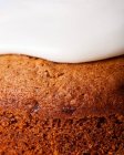 Close - up of tasty carrot cake piece on icing sugar glaze on light background — Stock Photo