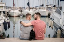 Обратный вид собаки между веселым бородатым мужчиной, обнимающим анонимного гомосексуального партнера во время разговора и сидения на пирсе в гавани — стоковое фото
