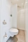 Інтер'єр сучасної вбиральні в мінімалістичному стилі з чистим туалетом, встановленим на плитці біля душу і паперу — стокове фото