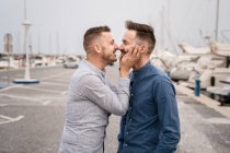 Hombre feliz con corte de pelo moderno riendo mientras habla con su pareja homosexual en camisa durante el día - foto de stock