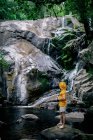 Вид сбоку на неузнаваемого мужчину-туриста, стоящего на валуне и любующегося водопадом в лесу — стоковое фото