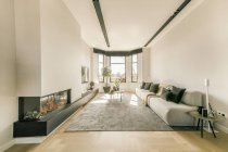 Interior contemporáneo de amplio salón con cómodo sofá y chimenea en piso diseñado en estilo minimalista - foto de stock