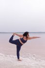 Seitenansicht der kurvigen Frau in Sportbekleidung balanciert in Natarajasana am Ufer des rosa Teiches und praktiziert im Sommer Yoga — Stockfoto