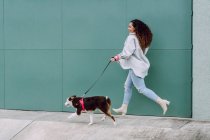 Вид сбоку на хозяйку, бегущую с собакой Border Collie на мысе, развлекаясь во время прогулки по городу — стоковое фото