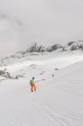 Atleta anónimo sobre esquís en Pico AunAmendi en Pirineos nevados Montañas bajo cielo nublado en Navarra España - foto de stock