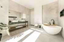 Сучасний інтер'єр ванної кімнати з білою ванною і керамічним настінним туалетом і подвійними раковинами в мінімальному стилі — стокове фото