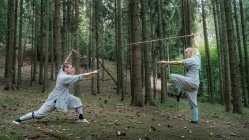 Чоловіки повного тіла в сірому одязі практикують кунг-фу з палицею та мечем під час тренувань у лісі — стокове фото