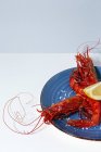 Fruits de mer savoureux de crevettes rouges cuites avec des tranches de citron frais et du sel grossier sur fond blanc — Photo de stock
