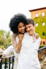 Liebevolle schwarze Frau mit Afro-Frisur umarmt lächelnden Mann von hinten, während sie im Sommer auf Brücke im Park steht und das gemeinsame Wochenende genießt — Stockfoto