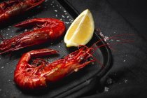 Delicious cooked red prawns on tray with coarse salt and juicy lemon pieces on dark background — Stock Photo