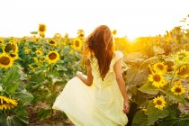 На задньому плані нерозпізнана граціозна молода іспанка в стильній жовтій сукні стоїть з піднятими руками серед яскравих соняшникових квітів на сільському полі в сонячний літній день — стокове фото
