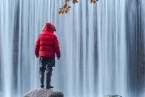 Back view of traveling male in warm clothes standing on boulder and admiring view of rapid waterfall in long exposure at Lozoya river in Guadarrama National Park — Stock Photo