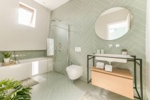 Біла керамічна раковина і туалет біля душу і ванни в сучасній ванній кімнаті з пастельними зеленими стінами — стокове фото