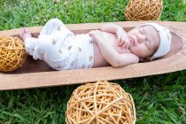 Cute small newborn baby sleeping while lying in wooden tub placed on green grass — Stock Photo