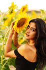 Вид на очаровательную молодую длинноволосую латиноамериканку в черном топе с обнаженным плечом, стоящим рядом с цветущим желтым подсолнухом и смотрящим в камеру через плечо в летний день в сельской местности — стоковое фото