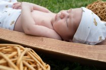 Симпатичный маленький новорожденный, спящий в деревянном тубусе, установленном на зеленой траве — стоковое фото