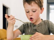 Menino adorável comendo sopa de creme apetitosa com colher durante o almoço em casa — Fotografia de Stock