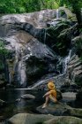 Вид сбоку на неузнаваемого мужчину-туриста, сидящего на валуне и любующегося водопадом в лесу — стоковое фото