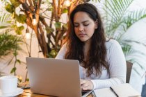 Konzentrierte junge lateinamerikanische Studentin liest Informationen auf Laptop-Bildschirm, während sie sich im gemütlichen Café auf die Prüfung vorbereitet — Stockfoto