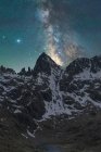 Vue spectaculaire de la galaxie dans le ciel avec des gaz interstellaires sur un mont majestueux rugueux avec de la neige en soirée — Photo de stock